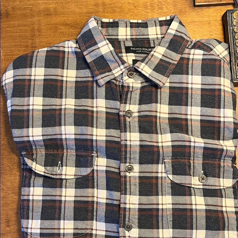 Banana Republic Men's Casual Plaid Shirt - Brown, and White